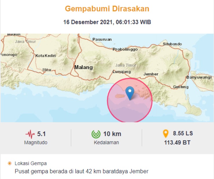 Gempa Terkini: Gempa Magnitudo 5,1 di Jember Dirasakan Di Denpasar Hingga Malang