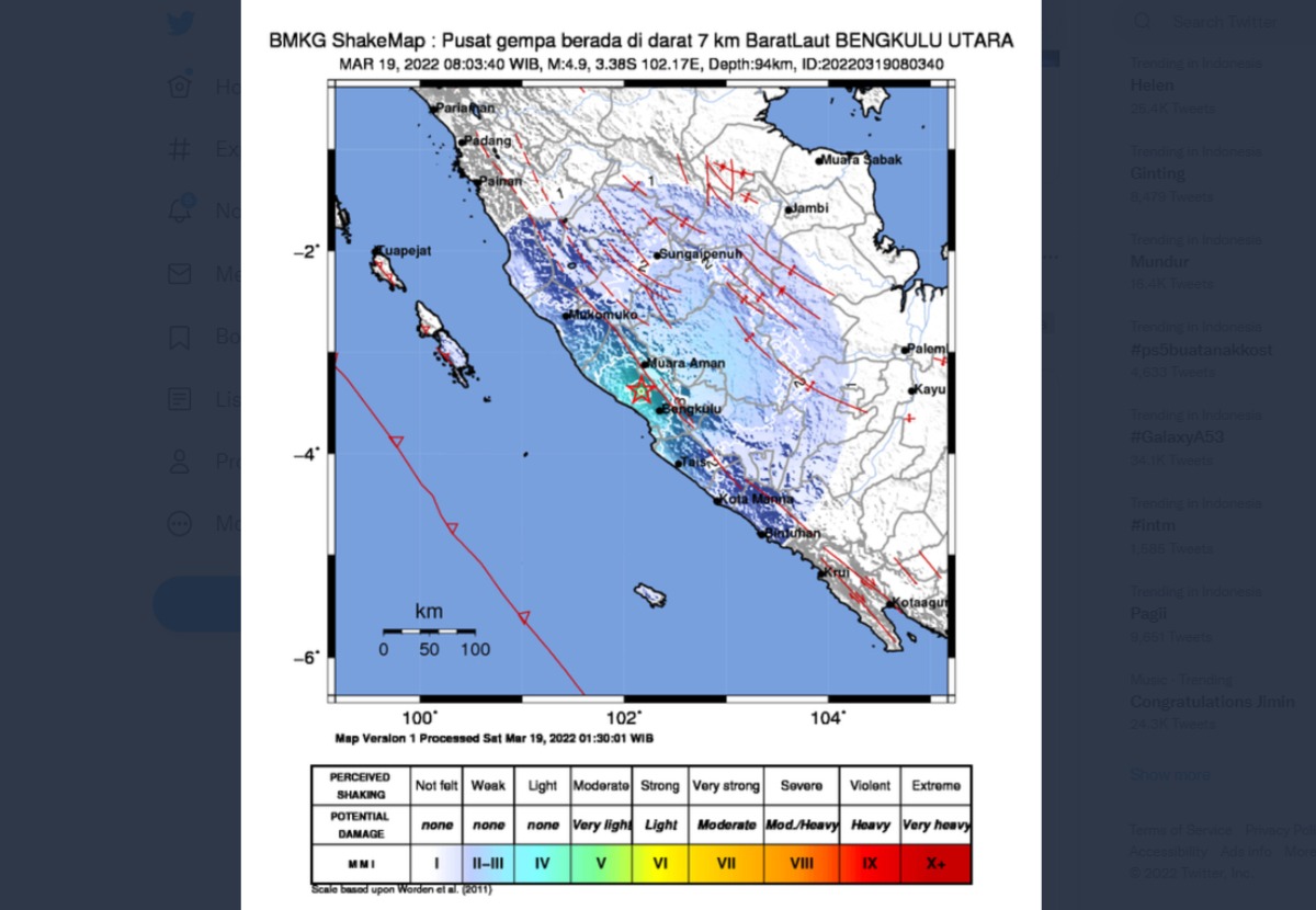 Bengkulu Dilanda Gempa Magnitudo 4,9